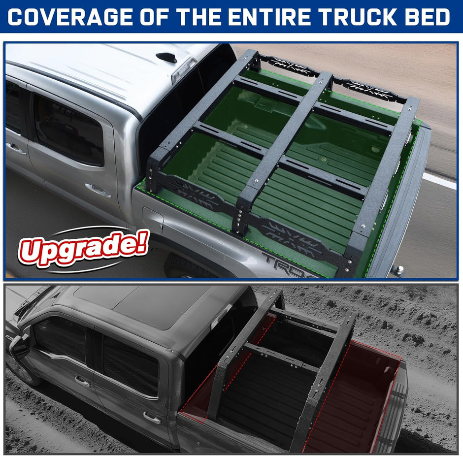 This truck bed rack is custom - made for your truck, fitting the bed front - to - back perfectly, unlike common universal products. The moderate height bed rack is also better suited for use on city streets.