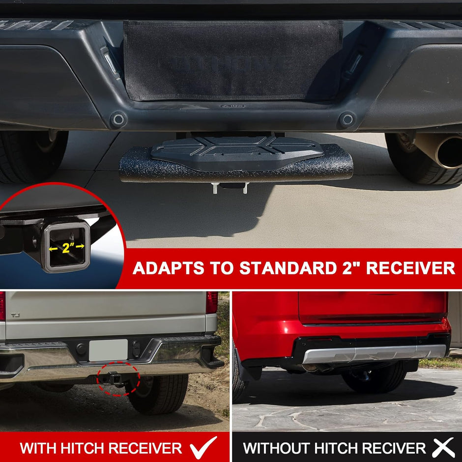 Binary Star hitch step is a rear step that can be mounted on a variety of trailer hitch vehicles, compatible with vehicles with 2-inch hitch receivers(including pickups, SUVs, vans, etc.).