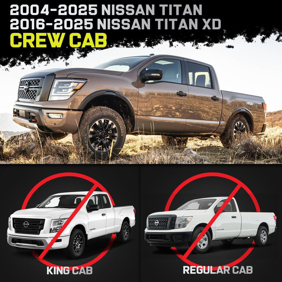 Truck Running Boards Compatible With 2004-2025 Nissan Titan Crew Cab and 2016-2025 Titan Xd Crew Cab with 4 Full-size Door. It Does Not fit double Cab with 2 full-size front door and narrower rear doors.