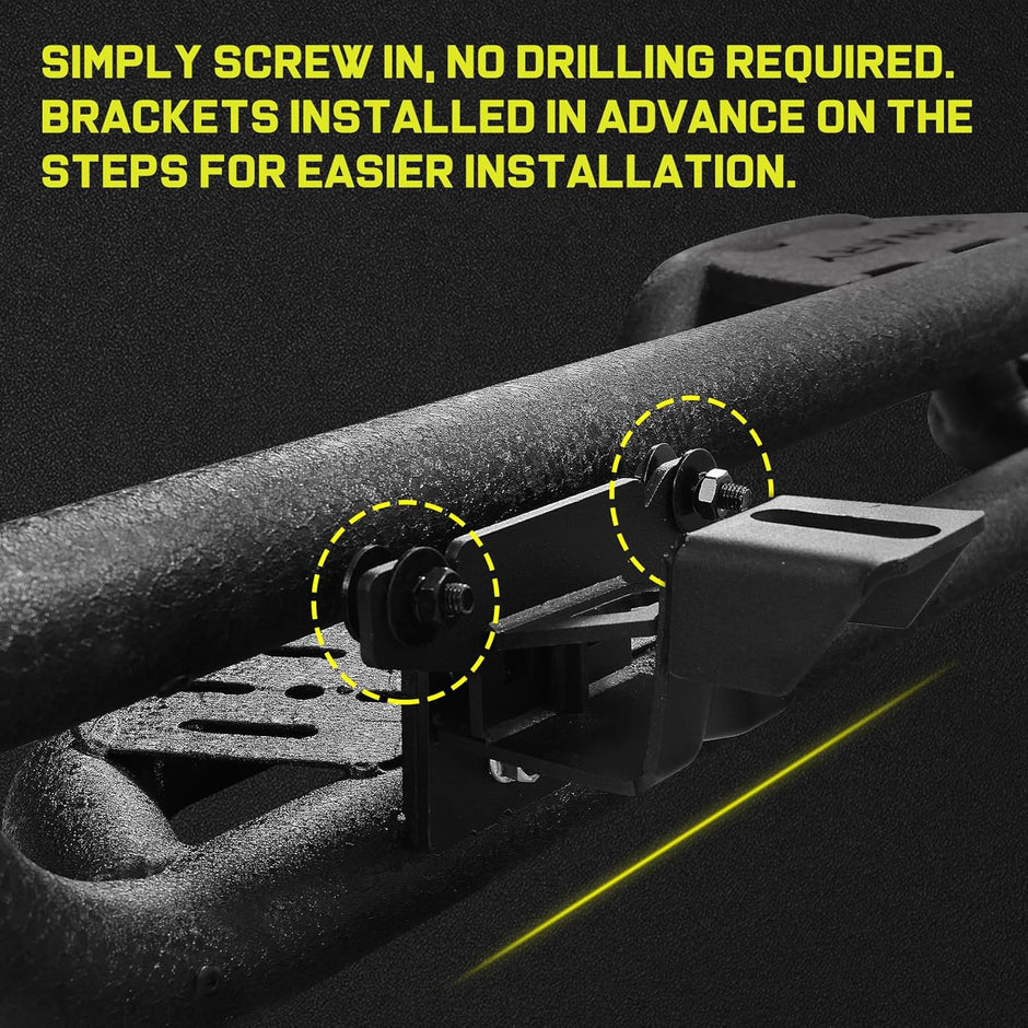 Detailed instructions are included and no special installation tools such as Pneumatic tools are required. Package includes two step bars, bracket and mounting parts. The brackets have been installed on the running board in advance to save more installation time.