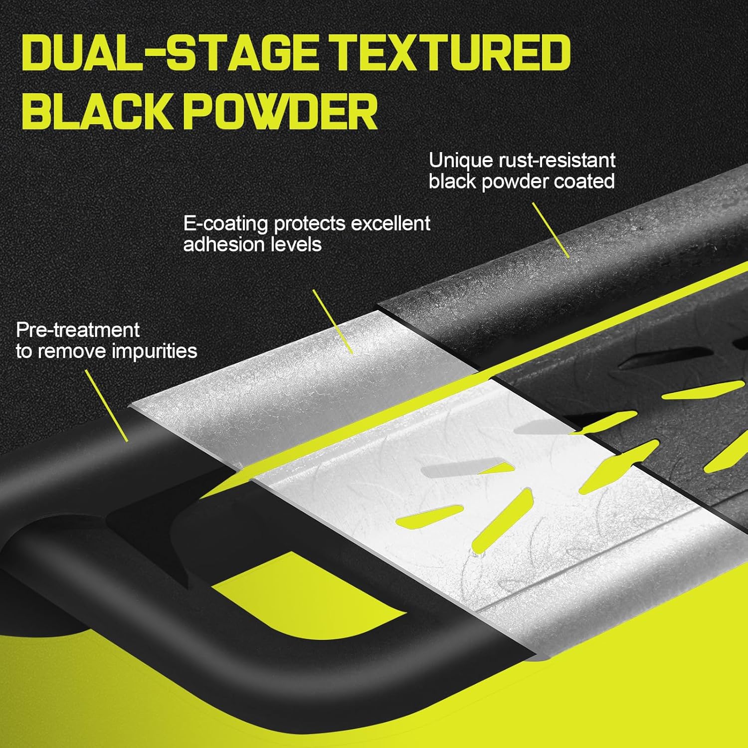 An uniform-coverage e-coating process improves the overall corrosion resistance of our step bars, while providing excellent adhesion to prevent coating shedding and increase longevity. An additional layer of Unique Black Rust-Resistant Powder Coat and hollow drainage logo holes are added to reduce damage from rain, snow and other harsh environments.