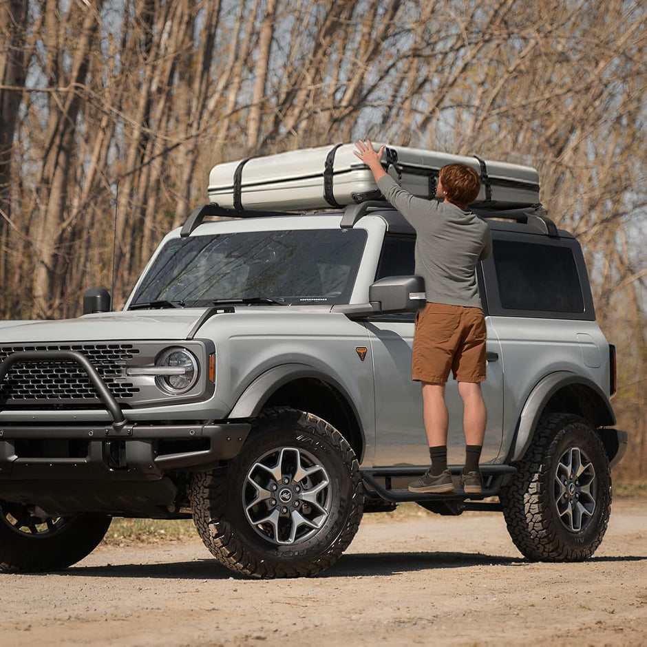 Two-Stair Design featuring a higher step at the rear of the running borad for easy access to items on the roof.