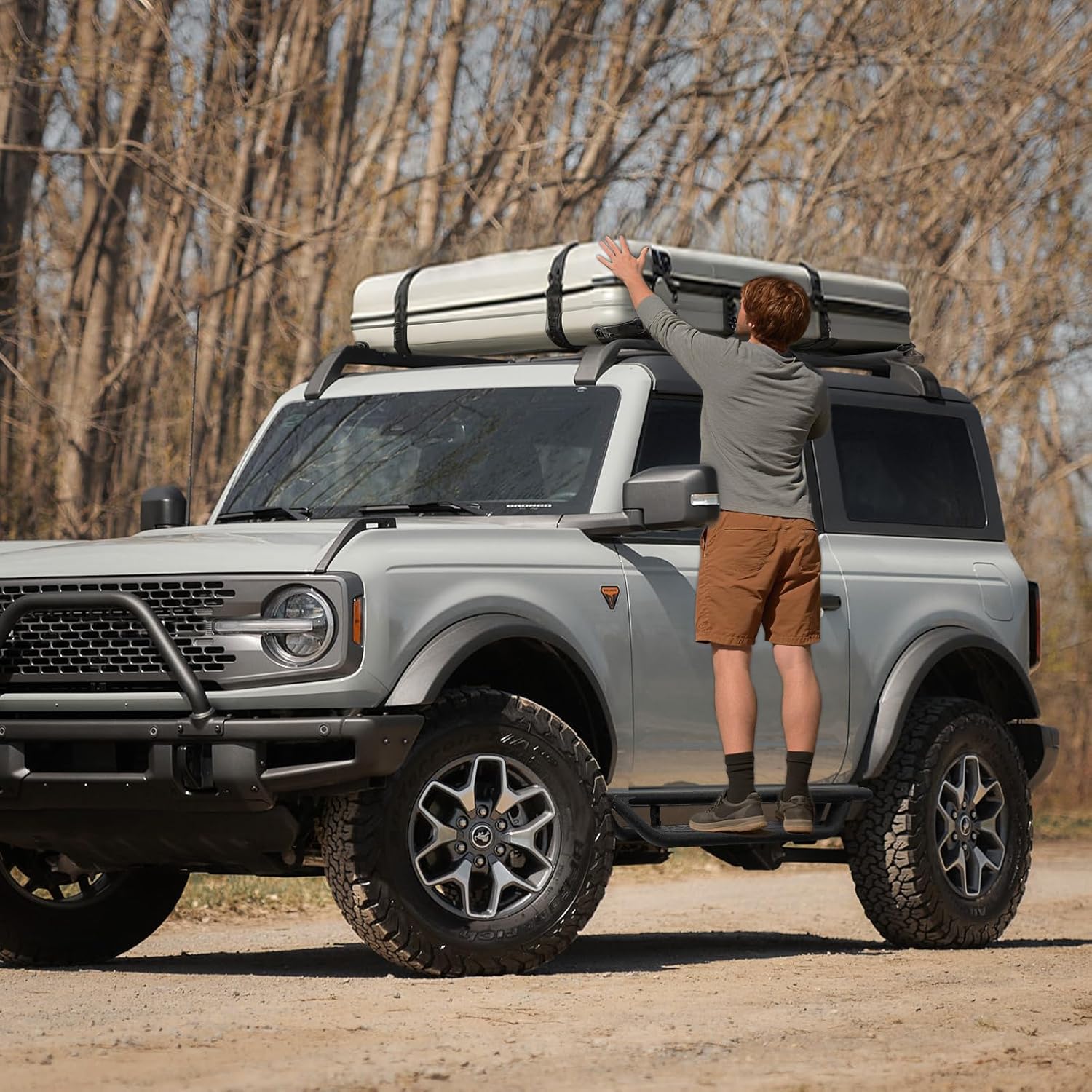 Two-Stair Design featuring a higher step at the rear of the running borad for easy access to items on the roof.