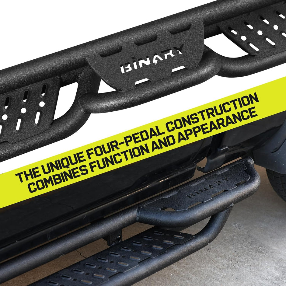 Binary Star's truck side steps feature a revolutionary 4-step design that is not only beautiful but also extremely practical. The center small step and bed access step are cleverly positioned in the middle of the steps and near the rear wheel, designed for passengers who need extra height to reach items on the roof or inside the truck bed. Also convenient for two people to stand on small steps at the same time to pick up heavy objects on the roof of the truck.