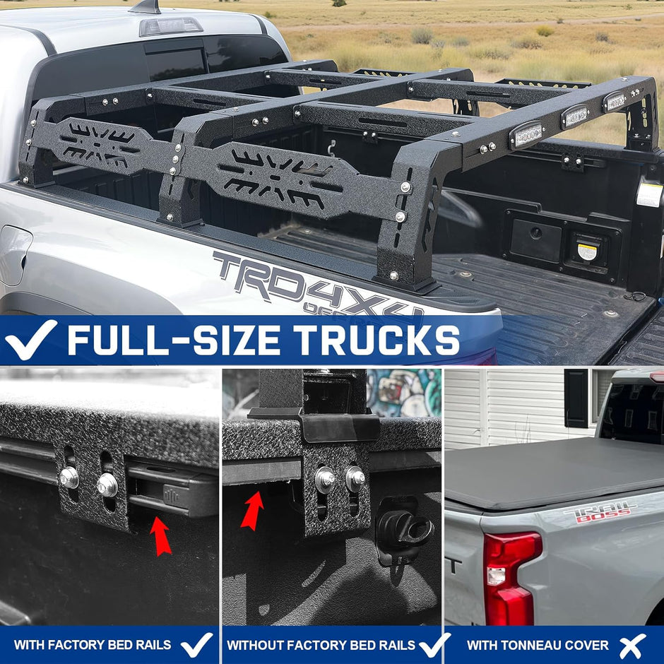 No drilling, cutting, or modification required—simply assemble and mount. Includes all necessary hardware and instructions for a hassle-free setup. Securely bolts onto your truck bed rail system with everything provided for a worry-free installation.