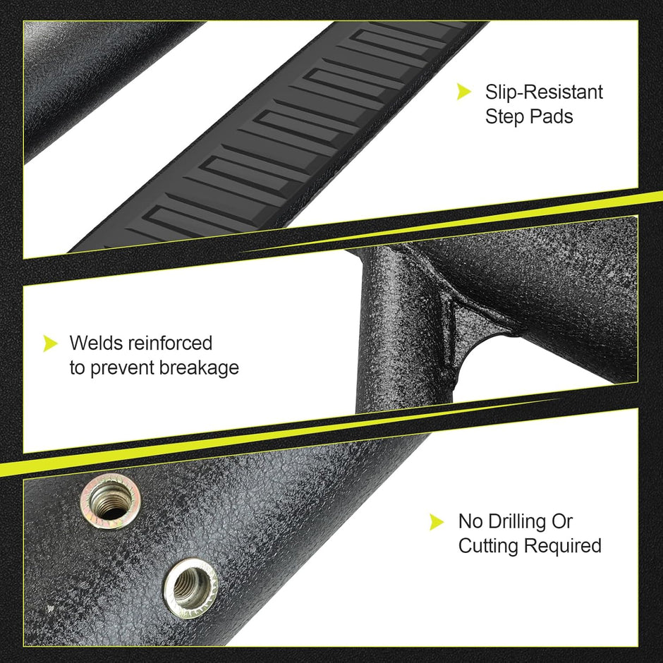 Attached with detailed instructions and requires no special installation tools. For example, pneumatic tools, etc. package includes two step bars, brackets and mounting parts. The running boards attached 8 brackets, 4 brackets on the each side.
