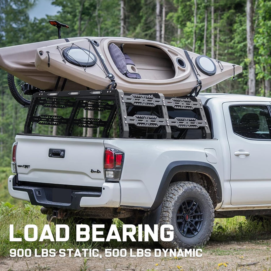 The Tundra bed rack is constructed of 3mm thick carbon steel to maximize weight capacity, with a static weight capacity of 900 LBS and a dynamic weight capacity of 500 LBS.