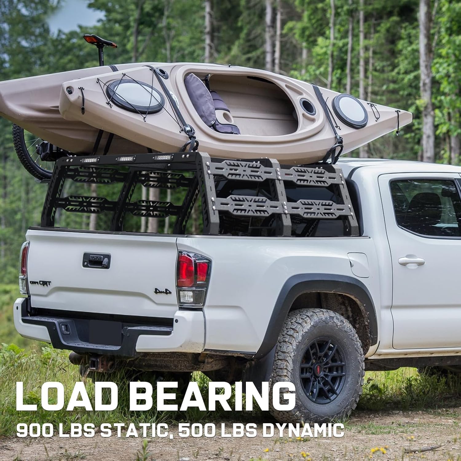 The Tundra bed rack is constructed of 3mm thick carbon steel to maximize weight capacity, with a static weight capacity of 900 LBS and a dynamic weight capacity of 500 LBS.