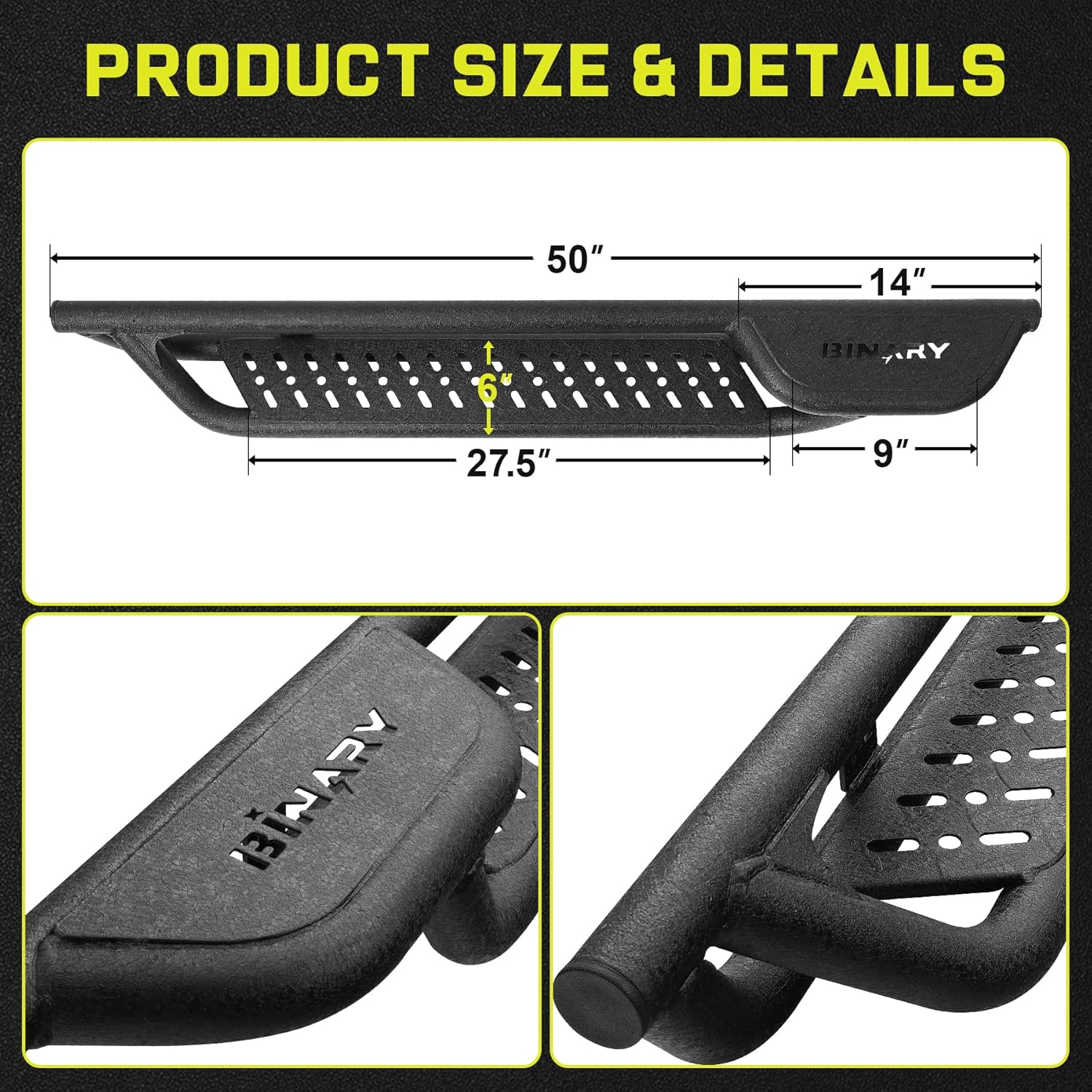The total length of the footrest is 50 inches, and the width is 6 inches.