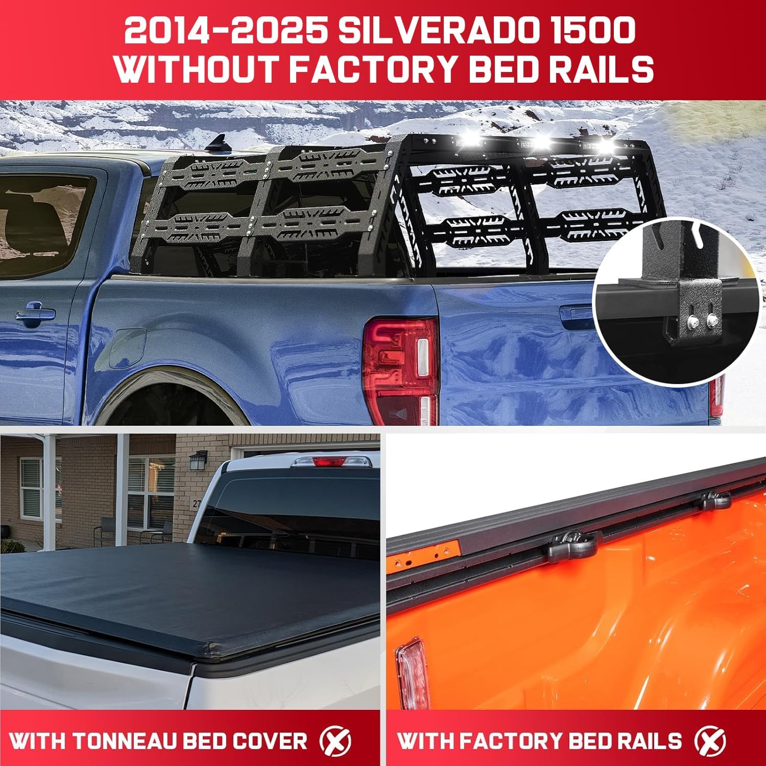 Truck bed rack compatible with 2014-2025 Silverado 1500/ Sierra 1500, for trucks without factory bed rails. (This bed rack will not work with a tonneau cover)