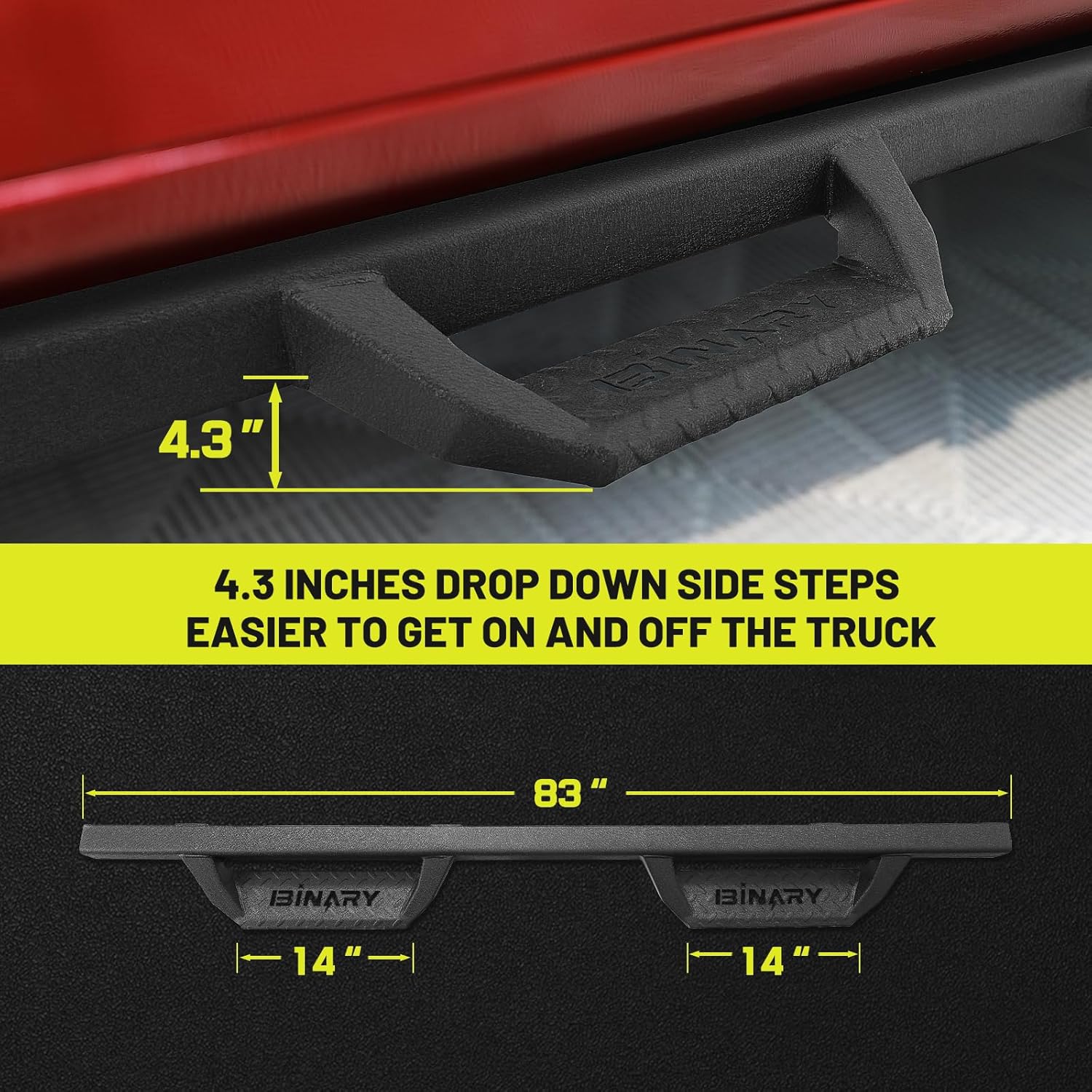 4.3 Inches Drop Down Side Steps- The Steps Help People Who Have Difficulty Getting In And Out Of The Tundra, Bringing People A More Convenient Life. And The Steps with Attractive Logo are Non-slip That Allows For More Traction To Avoid Slipping, Ensure Safety of Use.