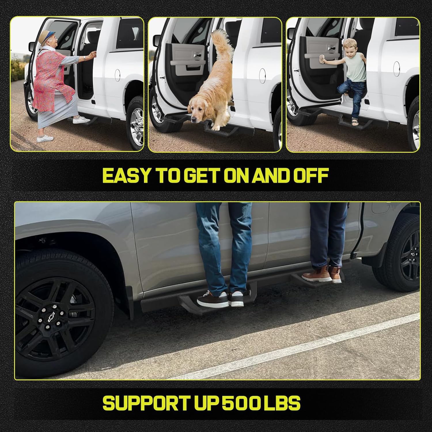 Support Up To 500 LBS- The Silverado running boards are made with carbon steel, and a special weld process is used to make the step and bar connection stronger. The material of the 2-inch stepper bar is thicker and denser than that of other products on the market.