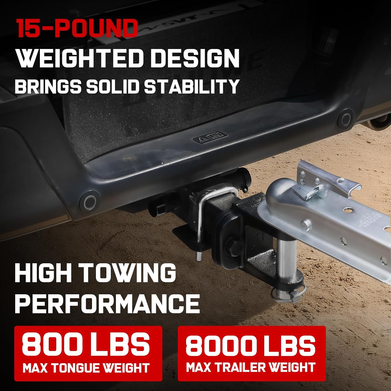 15-Pound weighted design truck hitch crafted from high-strength carbon steel and alloy material, our hitch boasts a remarkable 8000 LBS GTW (Gross Trailer Weight) and a max tongue weight of 800 LBS. This robust construction guarantees stable and safe towing, whether you're hauling heavy loads or navigating rough terrains.