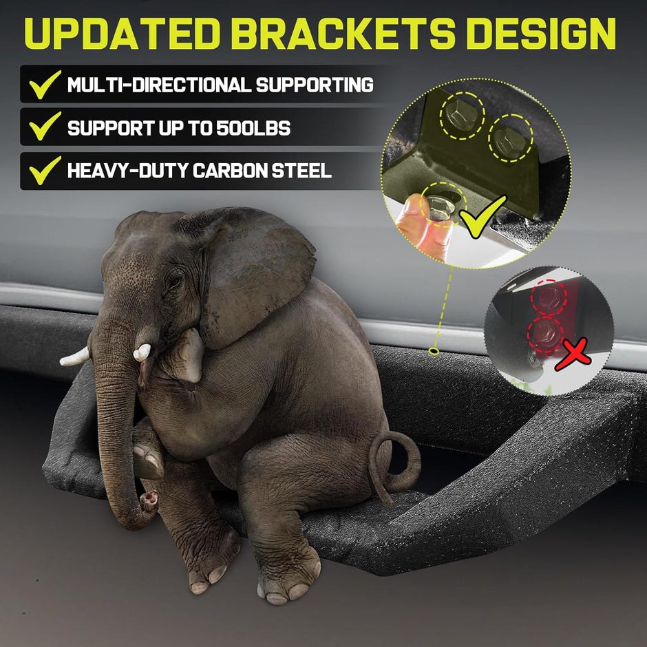 Support Up To 500 LBS- The Silverado running boards are made with carbon steel, and a special weld process is used to make the step and bar connection stronger. The material of the 2-inch stepper bar is thicker and denser than that of other products on the market.