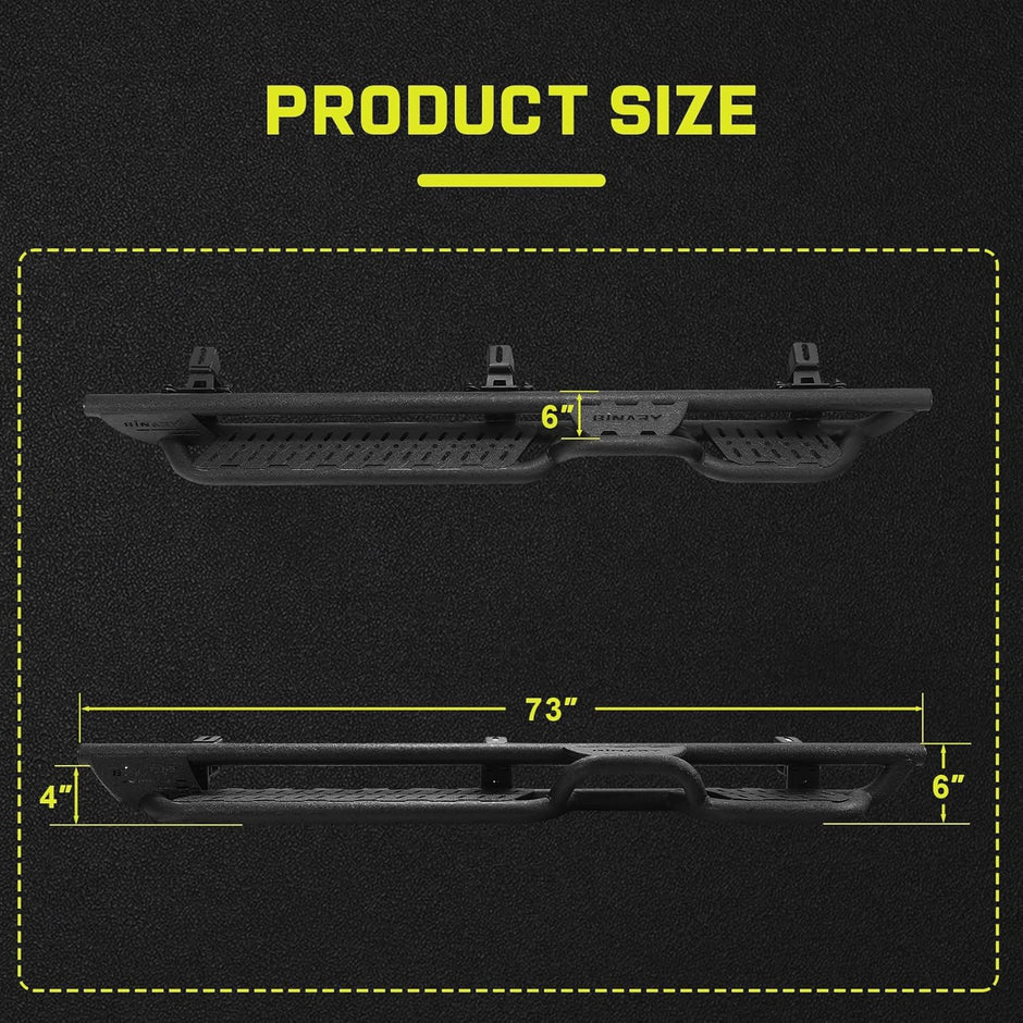 The total length of the footrest is 73 inches, and the width is 6 inches.The small footrest in the middle is 6 inches wide.