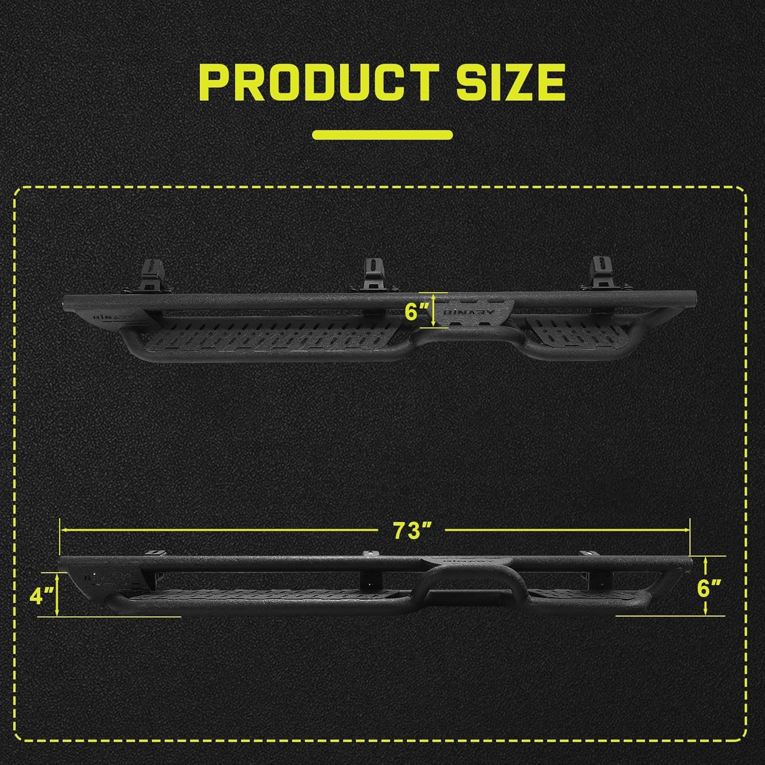 The total length of the footrest is 73 inches, and the width is 6 inches.The small footrest in the middle is 6 inches wide.