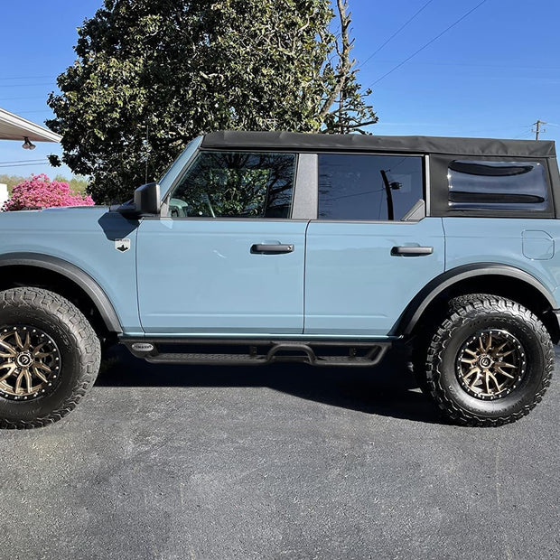 Binary Star's innovative Three-Step Design featuring a higher step in the middle of the running borad for easy access to items on the roof. Two 6" wide stable steps are located lower, providing a solid support point for passengers to get on and off the Bronco, making every trip more convenient and hassle-free.