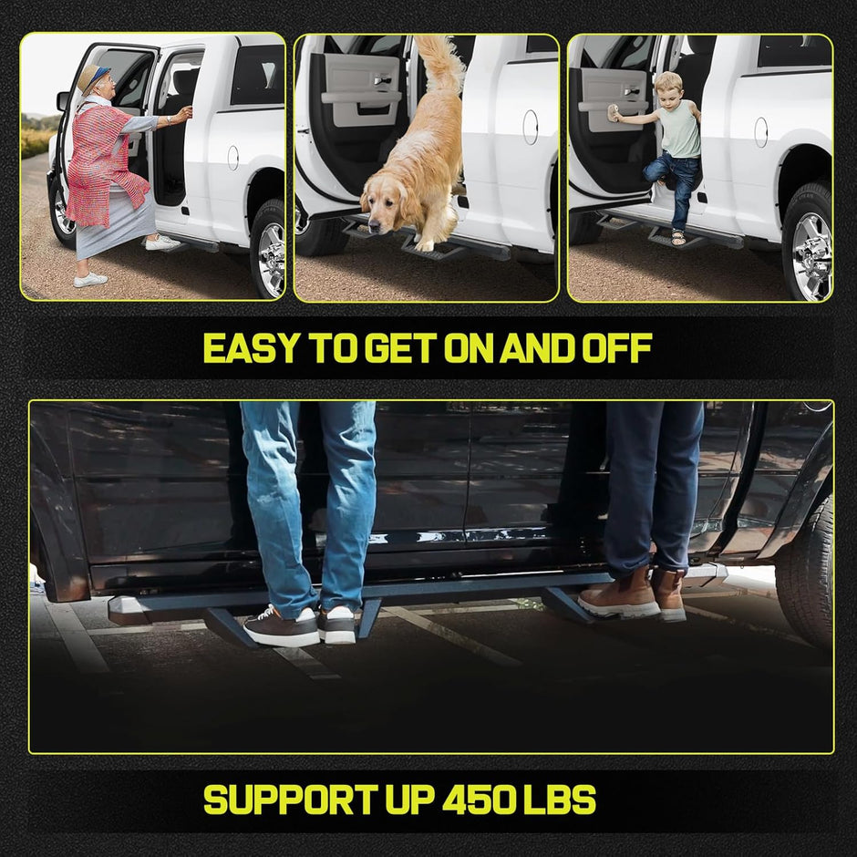 Support Up To 450 LBS- The Bronco Running Boards Made with Carbon Steel. And A Special Weld Process Is Used To Make The Step And Bar Connection Stronger.
