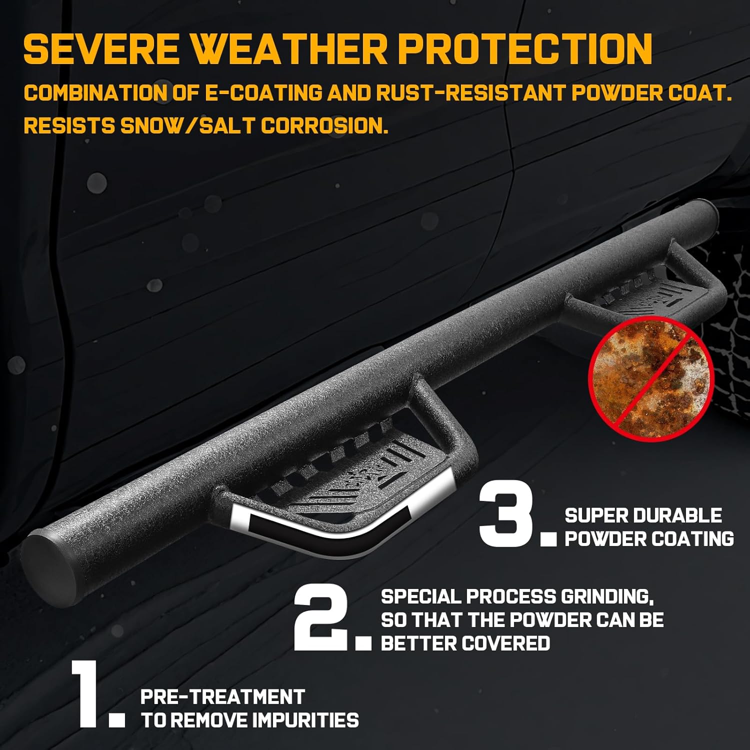 The 2022-2025 Tundra running board surface is coated with dual-stage black powder to protect rugged carbon steel from corrosion that can lead to rust in extreme weather conditions.