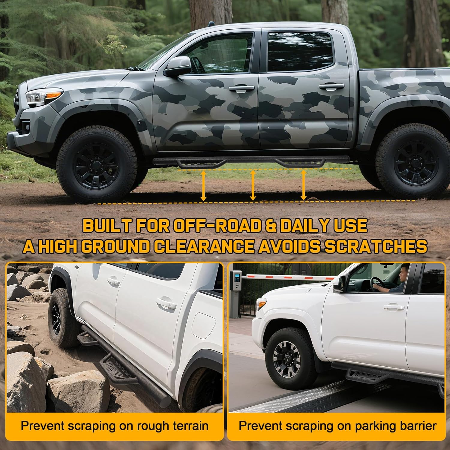 Whether it's the rough roads during off-roading or the parking barriers in urban environments, this high ground clearance side steps can effectively reduce scratches.