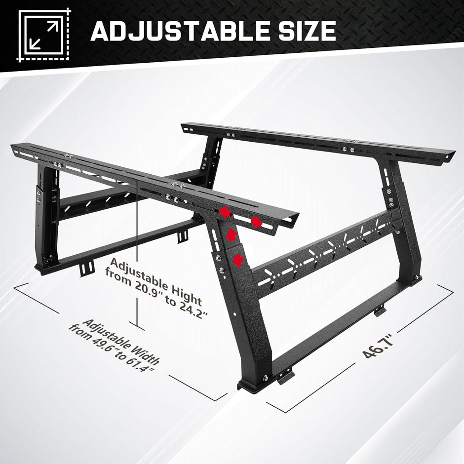 the universal ladder rack adjusts in height from 20.9 to 24.2 inches and in width from 49.6 to 61.4 inches, accommodating various sizes of rear cabs. Its height can be freely adjusted to match the height of the pickup truck cab. This customized size perfectly fits the truck, meeting more needs and providing more space.