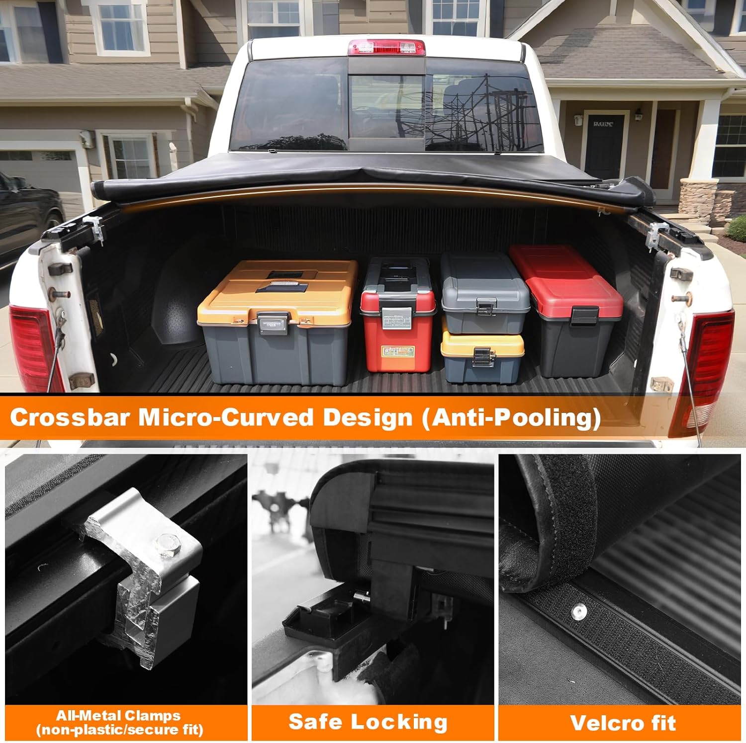 The side of the tonneau cover is Seals with Velcro stripand equipped with high-quality all-metal clamps, which can achieve perfect fit and safe locking with the truck. The crossbar of the tonneau cover is designed to bend slightly upward, providing support and tension from under the cover, effectively preventing water accumulation.Equipped with a tensioning system to prevent the lid from wrinkling or folding