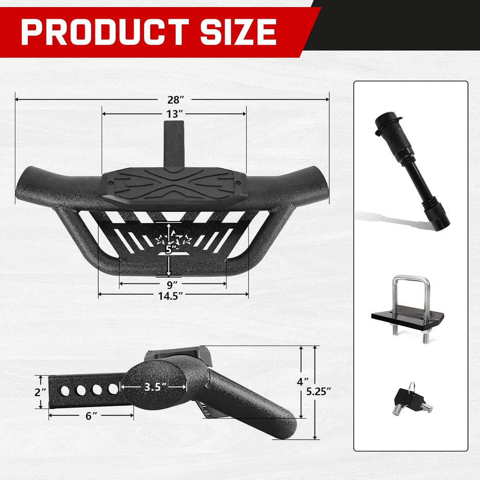  Our rear step is designed with 5 holes for adjustment. You can adjust the trailer hitch steps close or away from the vehicle as needed for optimal comfort and convenience.