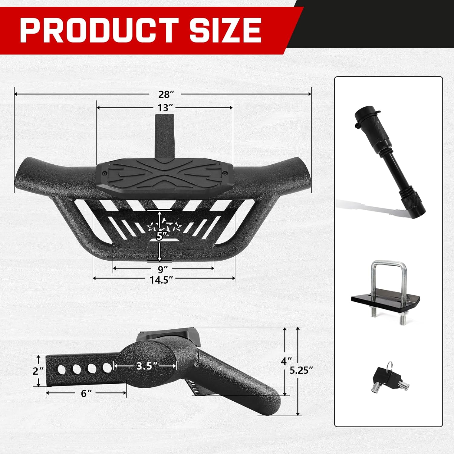  Our rear step is designed with 5 holes for adjustment. You can adjust the trailer hitch steps close or away from the vehicle as needed for optimal comfort and convenience.