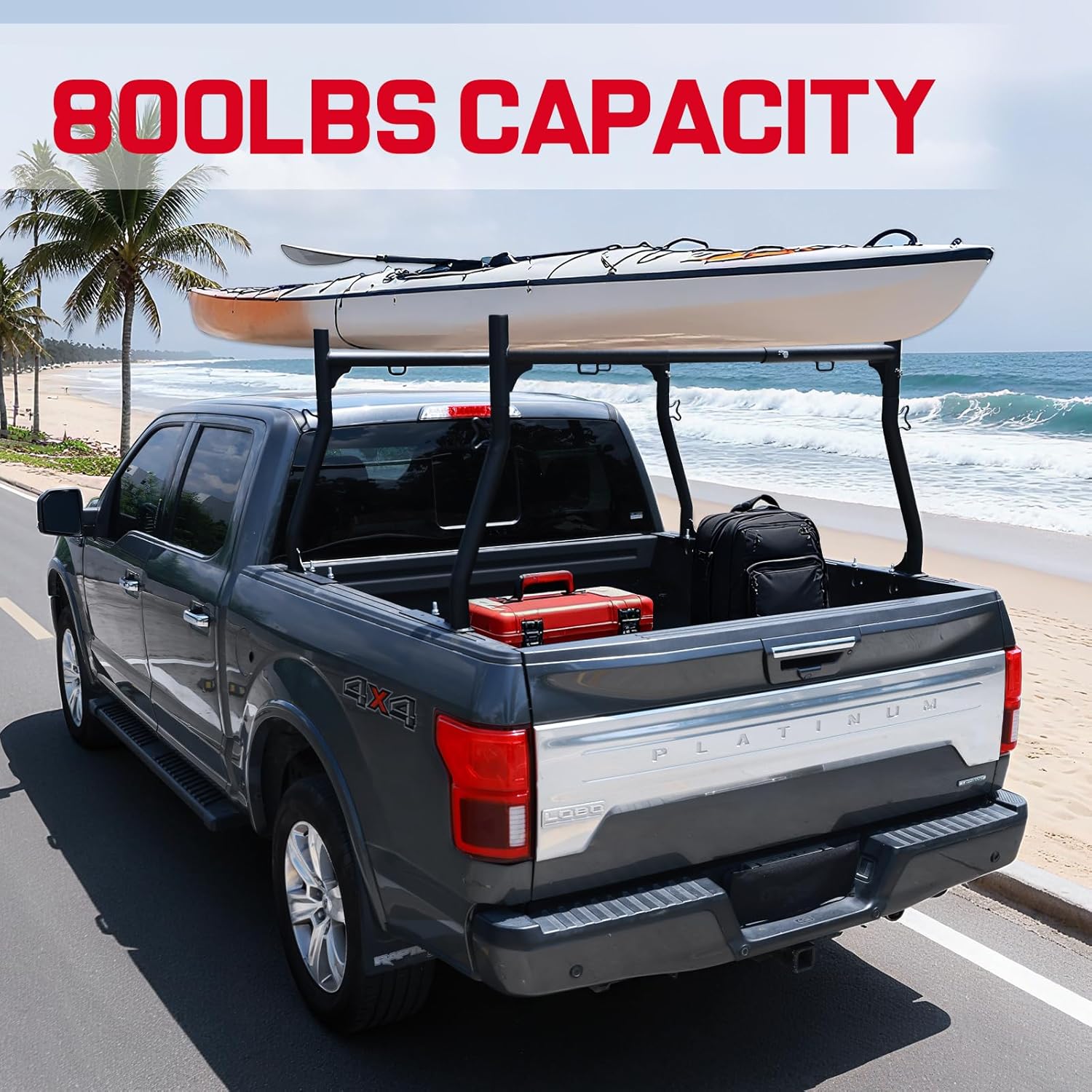 The ladder rack for truck has a high load capacity of up to 800 lbs. static and 500 lbs. dynamic. With reinforced crossbars, it's perfect for transporting outdoor gear such as kayaks, surfboards, ladders, lumber and canoes. Provides more truck space for outdoor adventures.