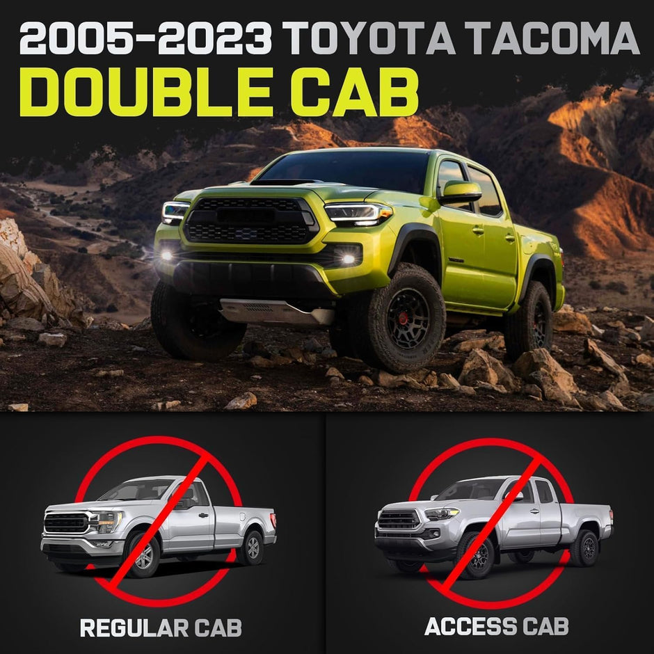 Truck running boards compatible with 2005-2023 Toyota Tacoma Double Cab with 4 Full-size Doors. Not for 2024-2026 year model. It does not fit for Access Cab with 2 half-size rear doors.