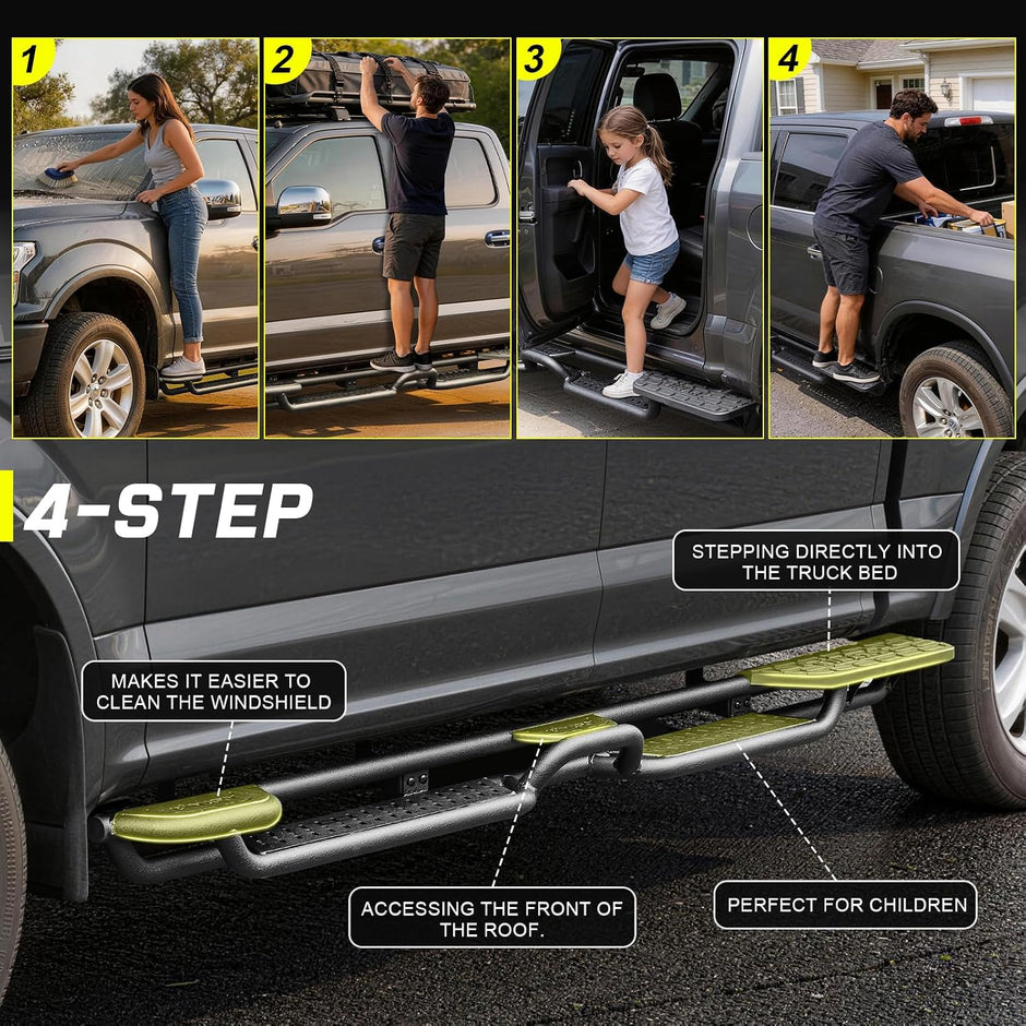 A smart 4‑step layout including a dedicated rear step. Perfect as silverado step bars, it gives you two wide main steps, a center mini‑step for roof cleaning, and a rear step that supports two adults. Ideal for side steps for chevy silverado 1500 owners who need extra reach.