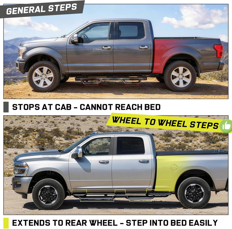 Unlike the basic ruunning boards that only extend to the truck cab, our design allows you to easily enter the cab and roof without climbing over the wheel well.
