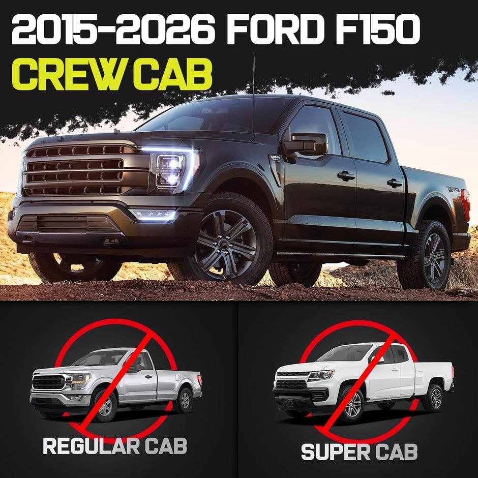 Truck running boards compatible with 2015-2026 ford f150, 2017-2026 ford f250 f350 super duty crew cab. It does not fit super cab with 2 narrow rear doors.