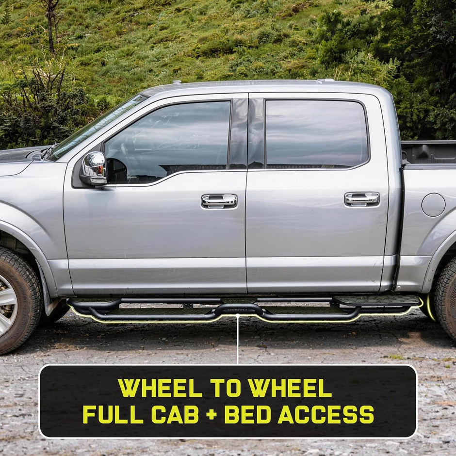 These ford pedals extend from the rear of the front wheels to the front of the rear wheels, achieving true wheel to wheel coverage. Unlike the basic ruunning boards that only extend to the truck cab, our design allows you to easily enter the cab and roof without climbing over the wheel well.
