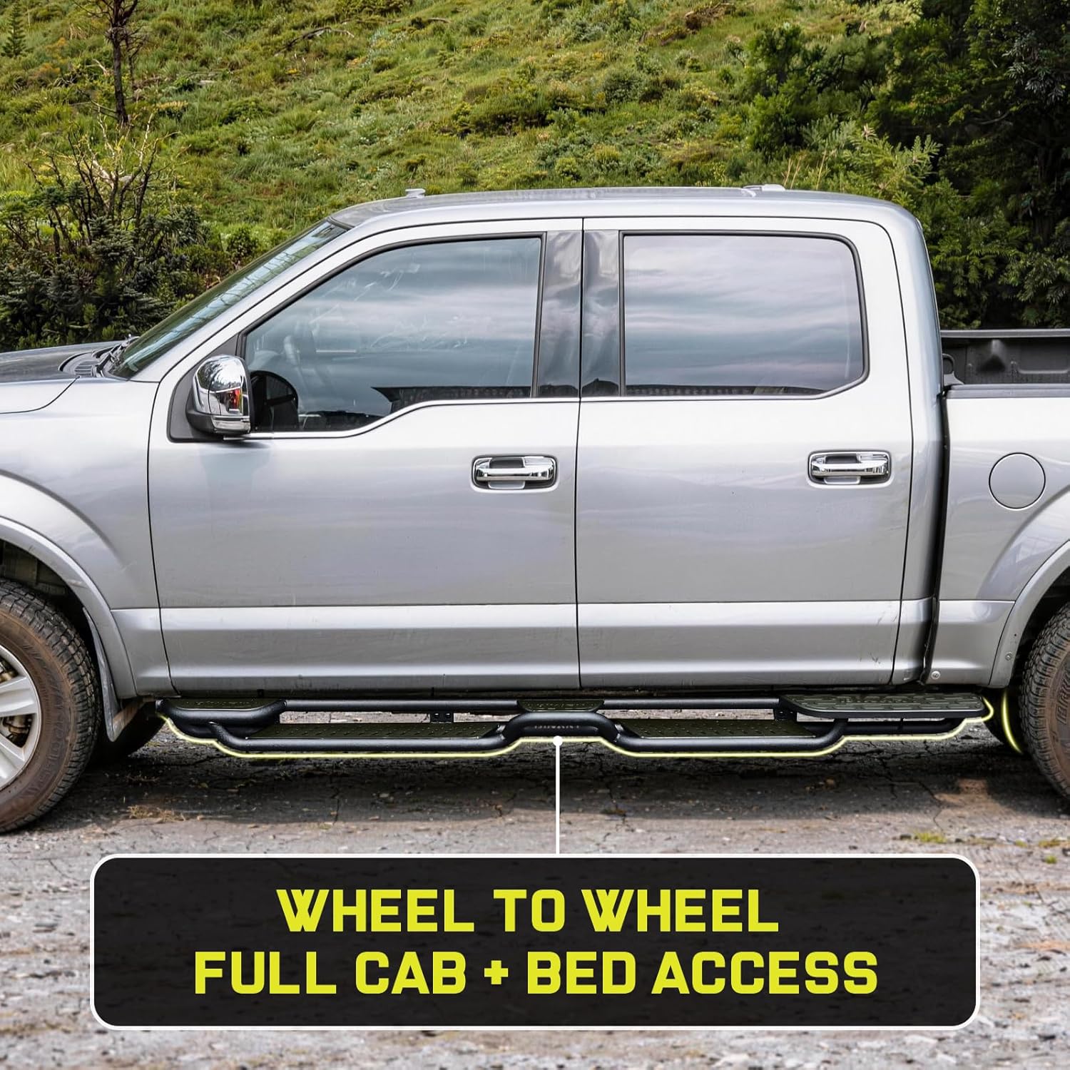 These ford pedals extend from the rear of the front wheels to the front of the rear wheels, achieving true wheel to wheel coverage. Unlike the basic ruunning boards that only extend to the truck cab, our design allows you to easily enter the cab and roof without climbing over the wheel well.