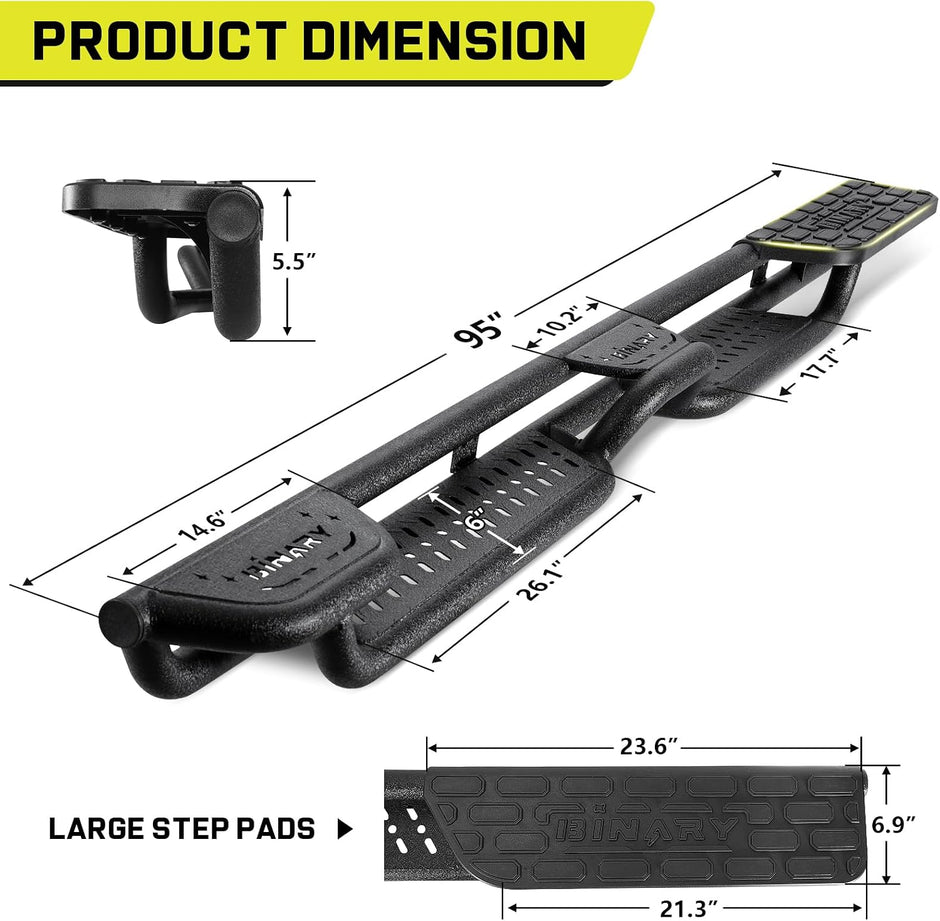 BINARY STAR Wheel to Wheel Running Boards Compatible with 2015-2026 Ford F150, 2017-2026 Ford F250 F350 Super Duty Crew Cab | 4-Step Truck Side Steps with Plastic Rear Step | 500LB Capacity