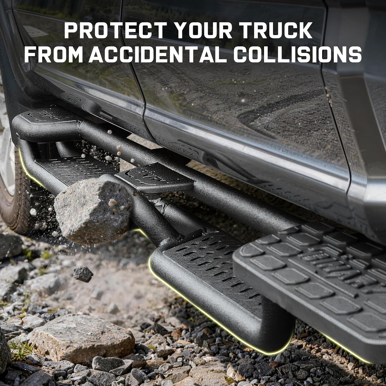 Not only does the rear keep rust proof, but the steel body also receives three layers of protection: E‑coating + thick powder coat + drainage holes. These truck side steps withstand salt, rain, and mud – much tougher than basic step sides for trucks.