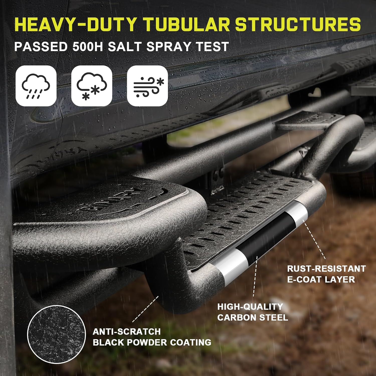 The rear section is made of high‑impact plastic – not exposed metal. These chevy silverado running boards resist dents from rocks, never rust from road salt, and the plastic end cap is replaceable. A smart upgrade for gmc sierra running boards in snowy or off‑road conditions.
