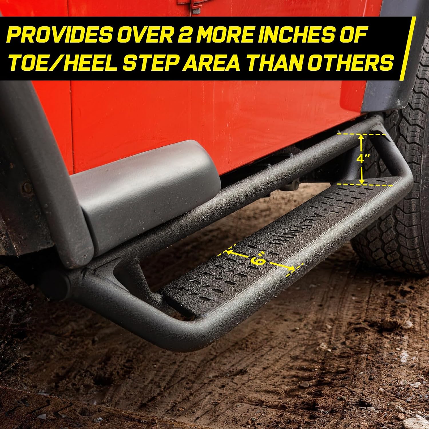 These Jeep TJ side steps feature a recessed design with approximately 4 inches of depth, providing a secure foothold for passengers entering and exiting the vehicle, significantly enhancing convenience. The step surface offers a 6-inch-wide contact area to effectively prevent slipping. 