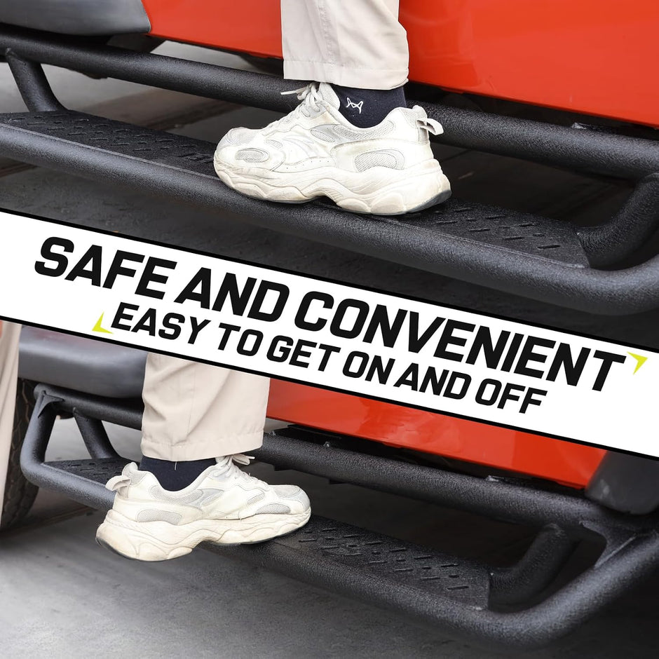 These Jeep TJ side steps feature a recessed design with approximately 4 inches of depth, providing a secure foothold for passengers entering and exiting the vehicle, significantly enhancing convenience. The step surface offers a 6-inch-wide contact area to effectively prevent slipping. Additionally, their robust construction provides protection during side impacts, reducing the risk of door damage.