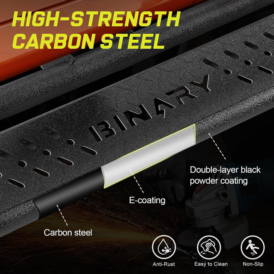 An uniform-coverage e-coating process improves the overall corrosion resistance of our step bars, while providing excellent adhesion to prevent coating shedding and increase longevity. An additional layer of Unique Black Rust-Resistant Powder Coat and hollow drainage logo holes are added to reduce damage from rain, snow and other harsh environments.
