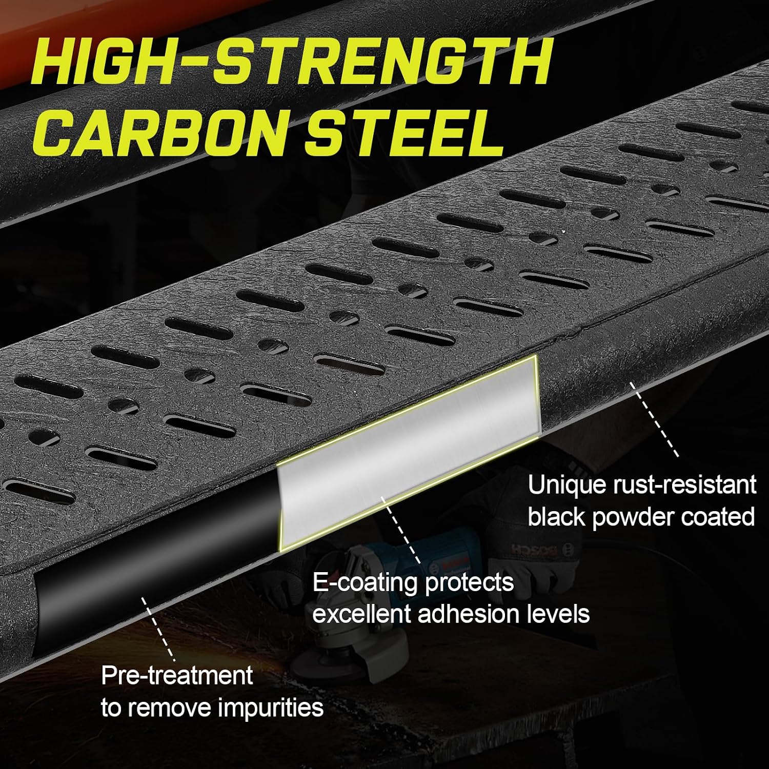  An uniform-coverage e-coating process improves the overall corrosion resistance of our step bars, while providing excellent adhesion to prevent coating shedding and increase longevity. An additional layer of Unique Black Rust-Resistant Powder Coat and hollow drainage logo holes are added to reduce damage from rain, snow and other harsh environments.