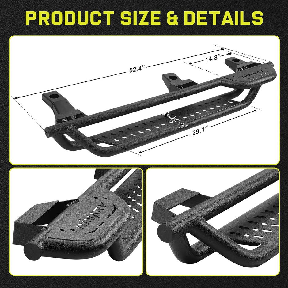 Detailed instructions are included and no special installation tools such as Pneumatic tools are required. Package includes two step bars, bracket and mounting parts. The brackets have been installed on the running board in advance to save more installation time.