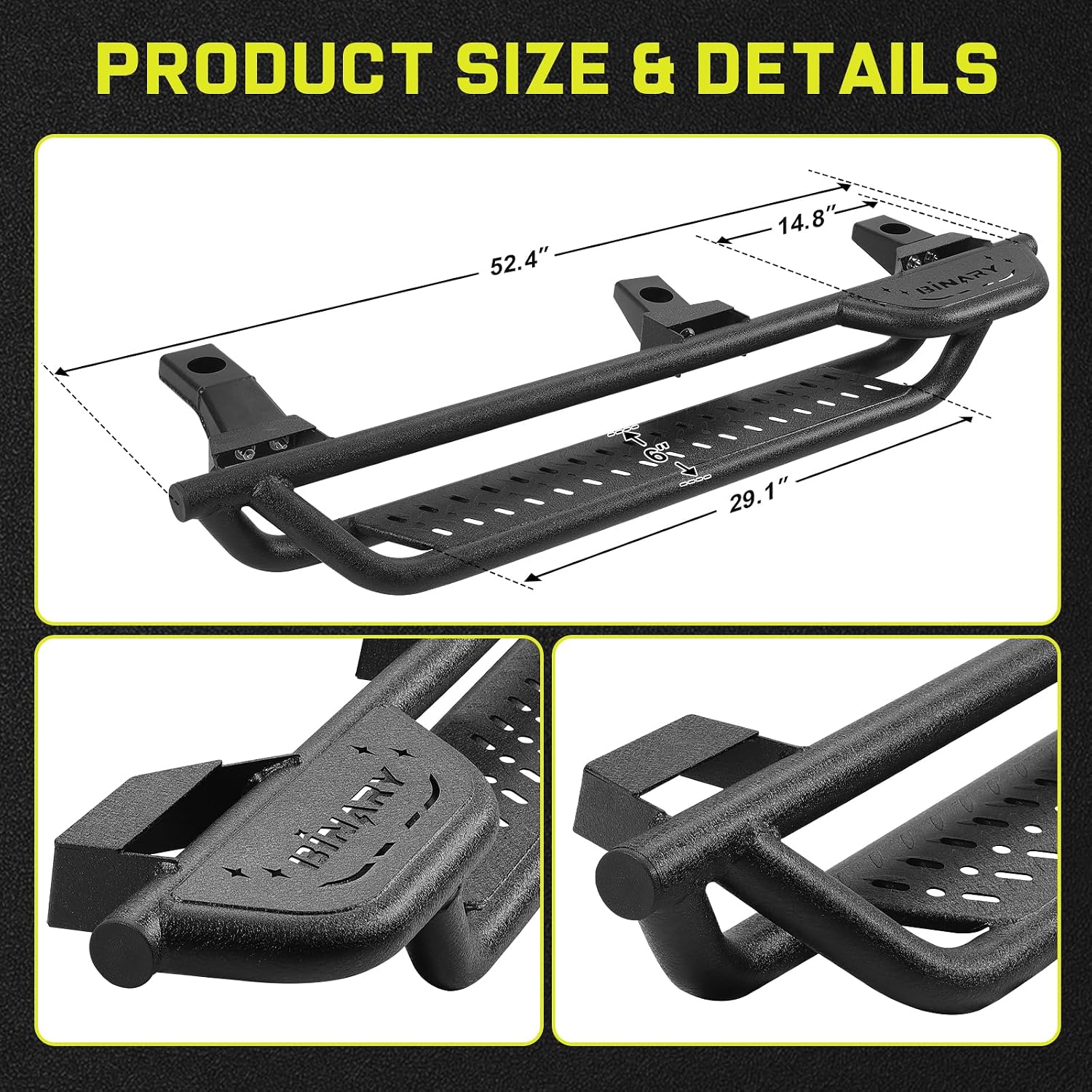 Detailed instructions are included and no special installation tools such as Pneumatic tools are required. Package includes two step bars, bracket and mounting parts. The brackets have been installed on the running board in advance to save more installation time.