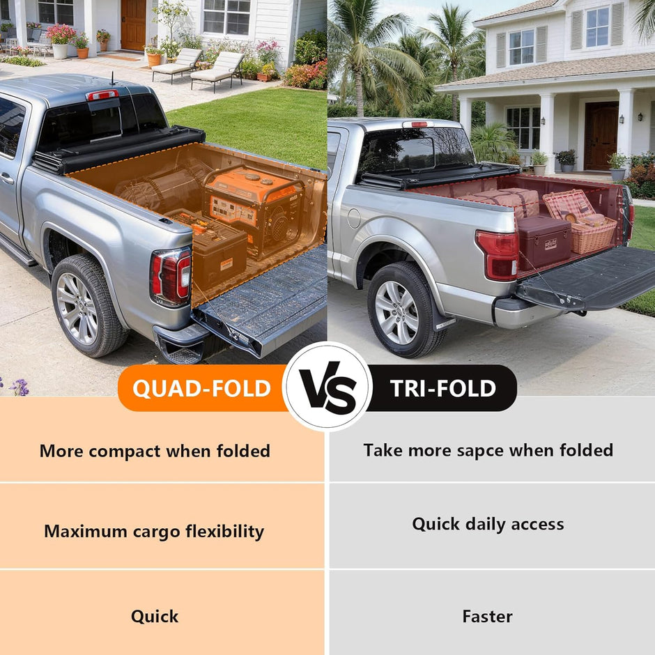 When folded up compactly, this quad-fold silverado bed covers give you full bed access, which is crucial for loading large or tall items. It can be also flipped open for quick, partial access to your entire truck bed.