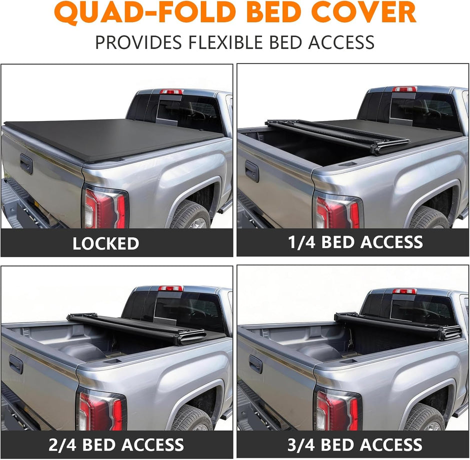When folded up compactly, this quad-fold silverado bed covers give you full bed access, which is crucial for loading large or tall items. It can be also flipped open for quick, partial access to your entire truck bed.