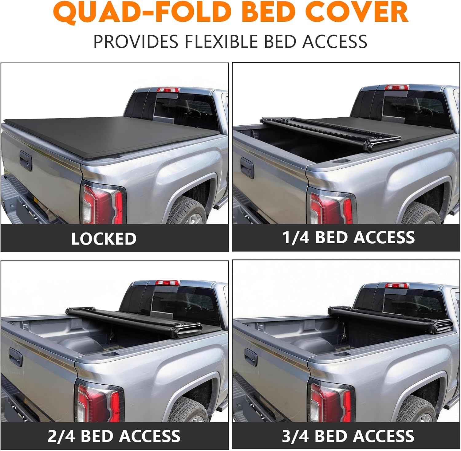When folded up compactly, this quad-fold silverado bed covers give you full bed access, which is crucial for loading large or tall items. It can be also flipped open for quick, partial access to your entire truck bed.