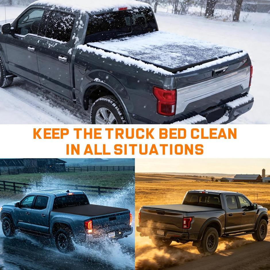 Crafted from a heavy-duty 26.5oz waterproof material, this built-to-last pickup truck tonneau cover effectively seals out rain, snow, and road spray in any season or weather condition.