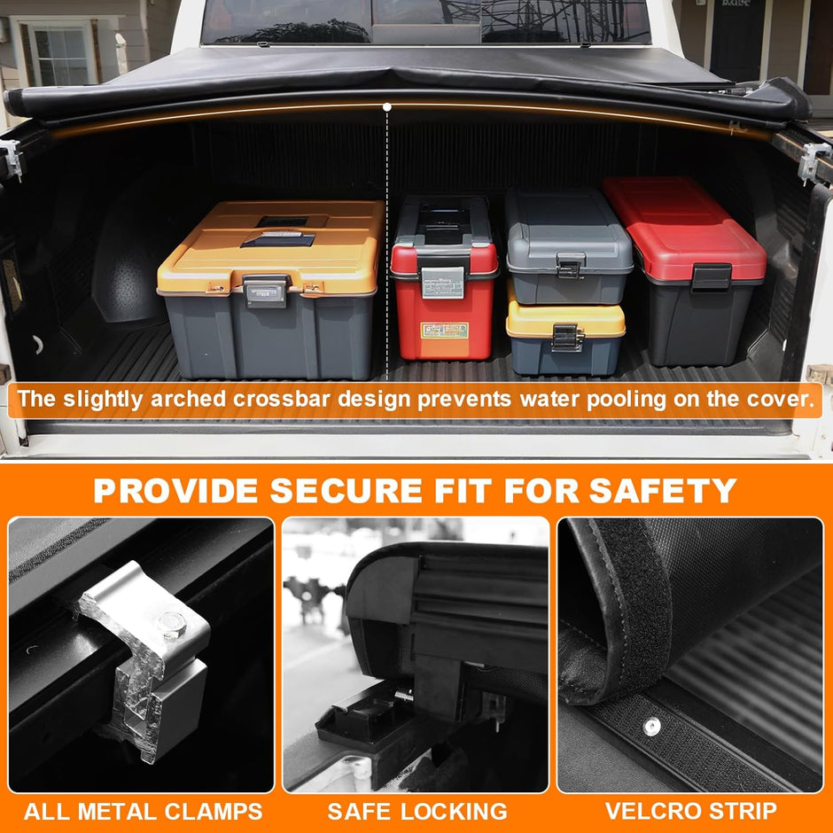 Crafted from a heavy-duty 26.5oz waterproof material, this built-to-last truck tonneau cover effectively seals out rain, snow, and road spray in any season or weather condition.