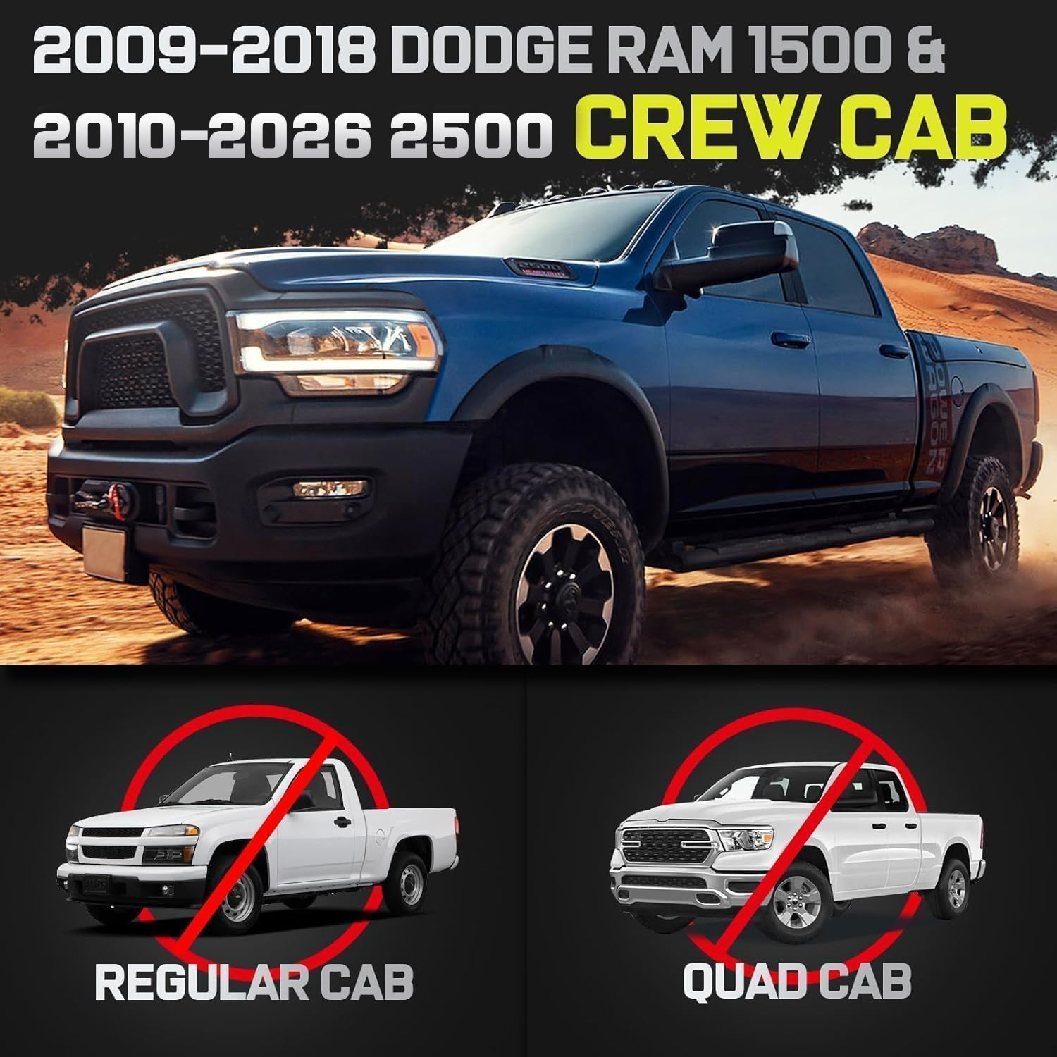 Truck running boards compatible with 2009-2018 ram 1500 crew cab, 2010-2026 ram 2500 3500 crew cab(incl. 2019-2024 ram 1500 classic). it does not fit quad cab with 2 narrow rear doors or 2019+ ram 1500 new body style.